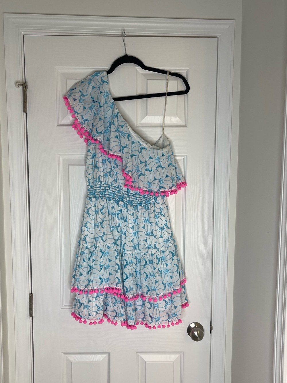 Lilly Pulitzer One-Shoulder Blue and Pink Pom-Pom Trim Dress - Picture 8 of 11